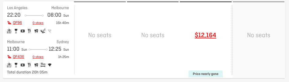 LA to Sydney on Qantas Business Class for $12,164